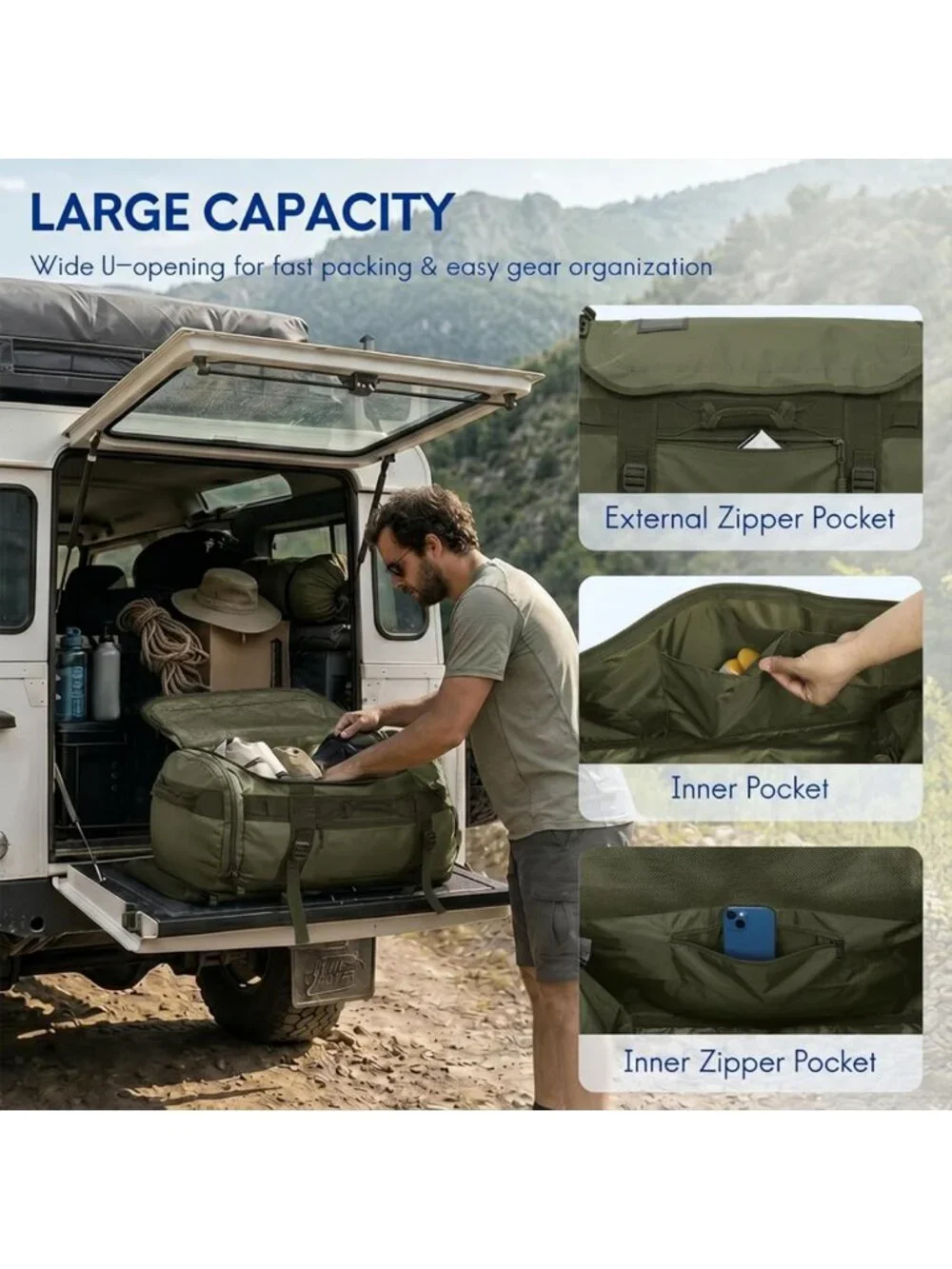 Heavy Duty Convertible Travel Duffel Backpack, Army Green, 45L, Water-Resistant